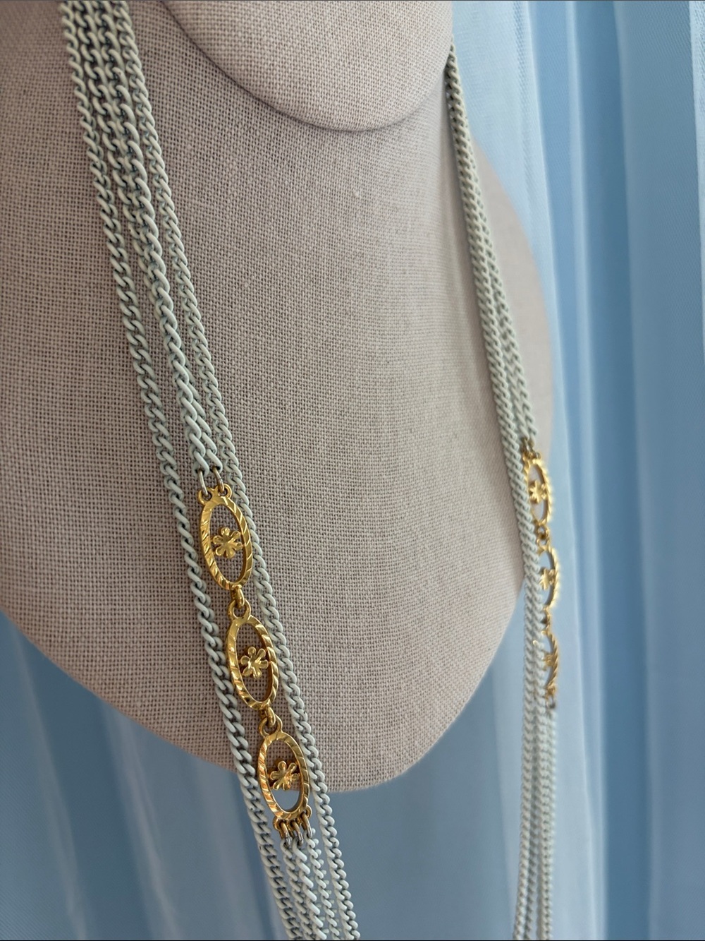Vintage Monet Silver/White tone Multi-Strand Necklace with Gold Medallions